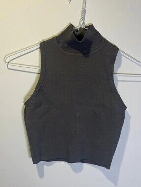 Zara Ribbed Sleeveless Mock Neck Crop Top - Gray Medium